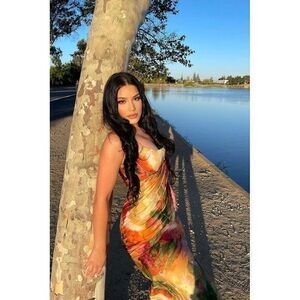 Micas Abstract Print Fitted Stunning Floral Watercolor Spaghetti Strap‎ Dress M